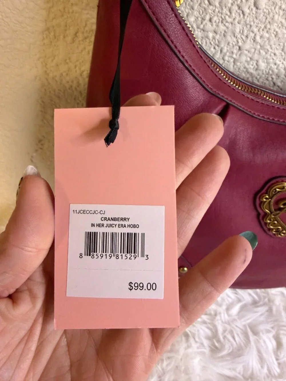 Juicy Couture In Her Juicy Era Cranberry Studded Hobo Shoulder Bag NWT